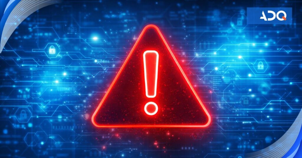 Na niebieskim, cybernetycznym tle z siecią połączeń i ikonami zabezpieczeń widoczny jest czerwony znak ostrzegawczy z wykrzyknikiem, symbolizujący pilny alert bezpieczeństwa.