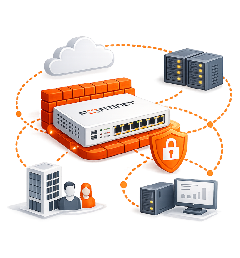 Schemat sieci: firewall w centrum, połączenia z chmurą, serwerami, firmą i komputerami, tarcza bezpieczeństwa.