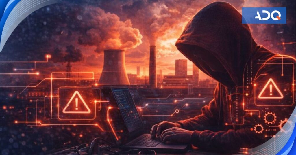 Combined heat and power plant against a cloudy sky, along with a hooded figure working on a laptop; the image illustrates the topic of cyberattacks targeting the heating and energy infrastructure sectors.