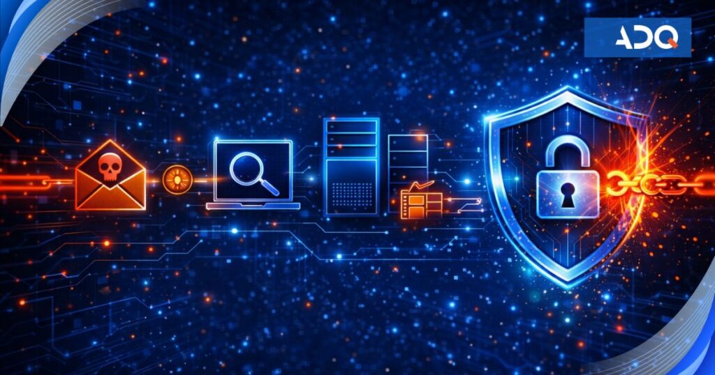 Against a blue, cyber-themed background, you can see the successive stages of an attack as it travels through the IT infrastructure toward a large shield, which stops the threat and breaks the chain of connections.