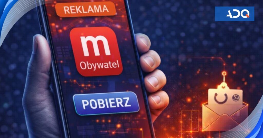 Dłoń trzyma smartfon z fałszywą reklamą aplikacji mObywatel i przyciskiem pobrania, a obok widoczna jest koperta oraz cyfrowe tło; grafika ilustruje zagrożenie związane z oszustwami reklamowymi i podszywaniem się pod zaufane usługi.